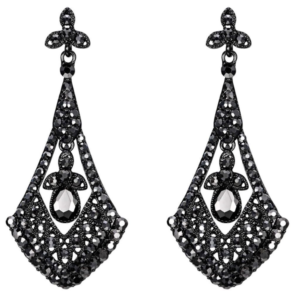 Gun Metal with Charcoal Gray Crystal Art Deco Rhombus Chandelier Post Earrings - Picture 1 of 4